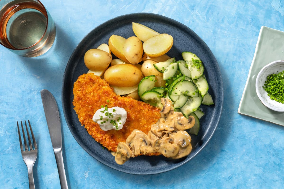 Vegetarische schnitzel met champignonroomsaus