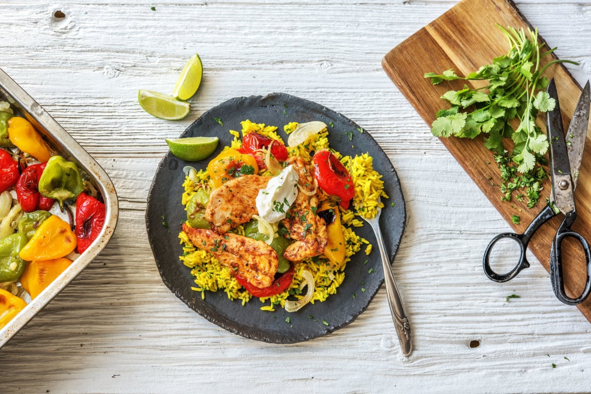 Fajita Chicken Tenders Over Yellow Rice