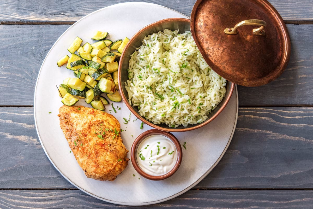 Berbere Chicken and Zucchini with Cilantro Rice and Lemon Yogurt Sauce