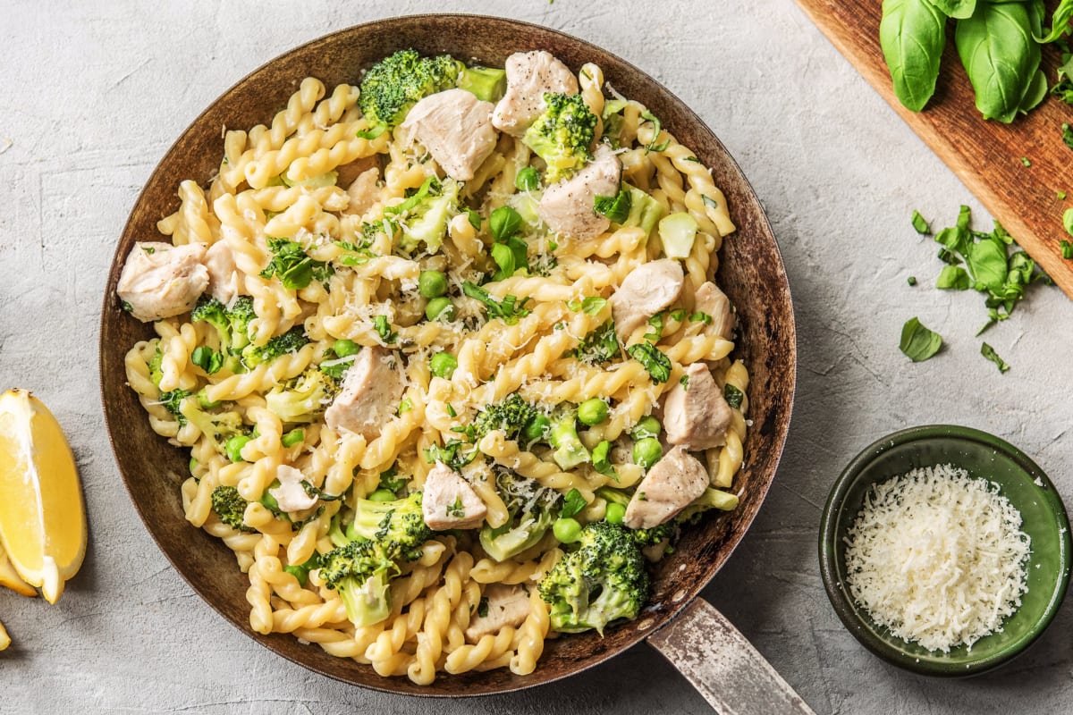 Creamy Chicken Pasta with Broccoli in a Lemon Basil Sauce