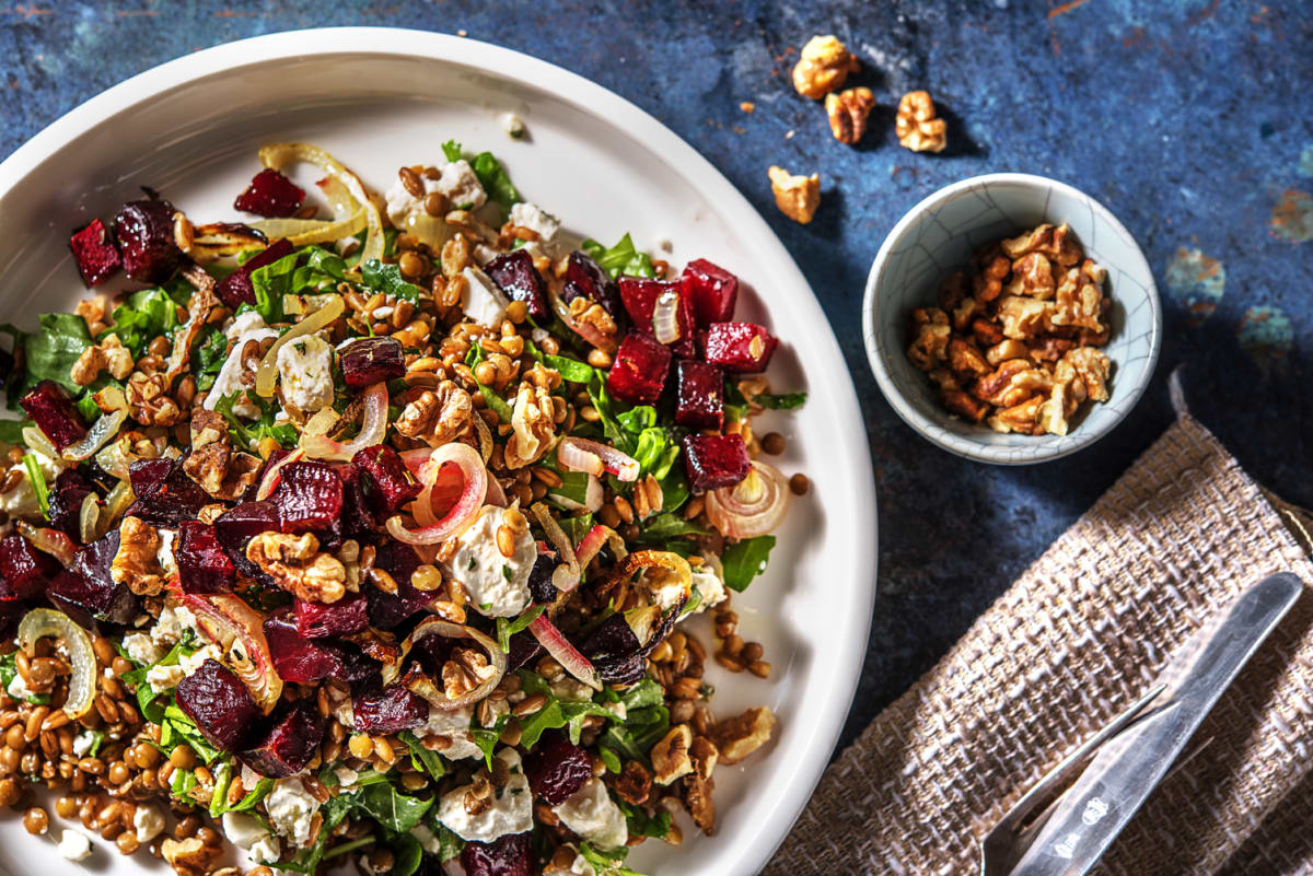 Bol de farro tiède aux betteraves et aux lentilles