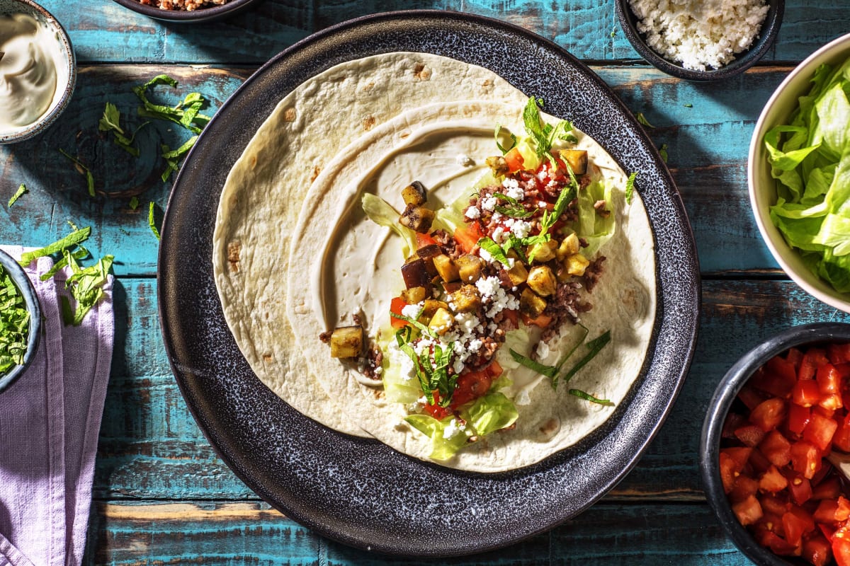 Wraps à la viande hachée et aubergine épicée