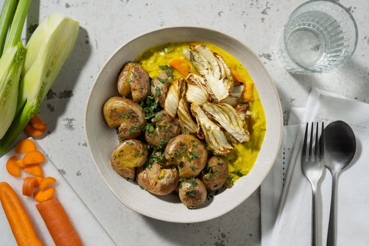 Würziges Dal-Curry mit smashed Potatoes