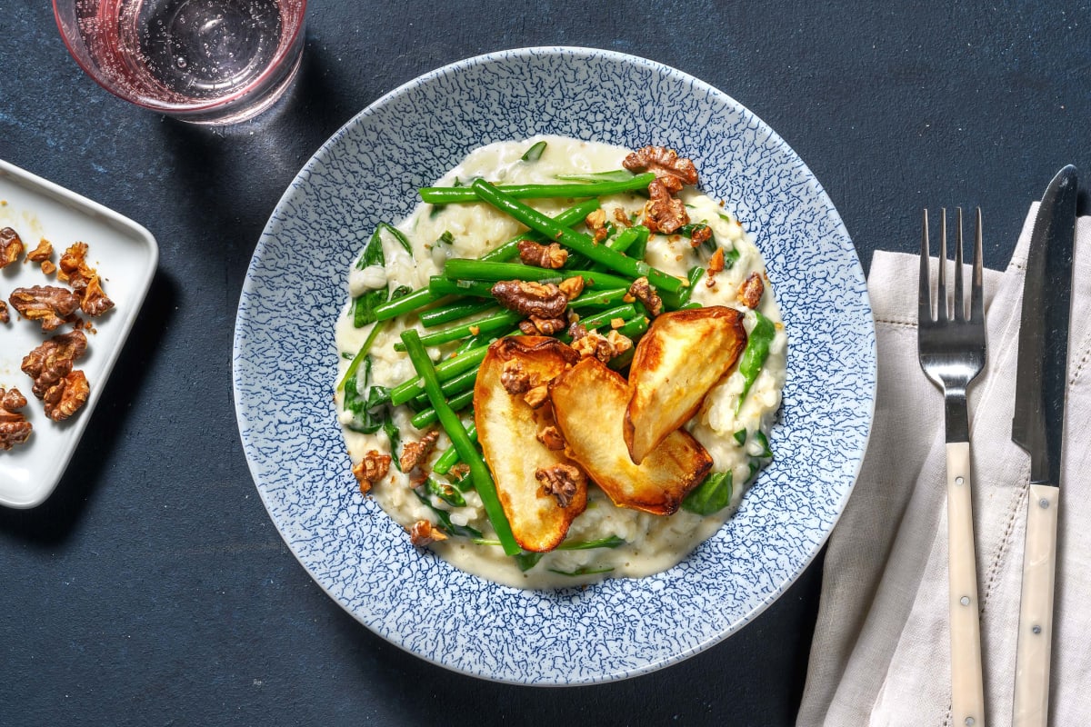 Ziegenkäse-Risotto mit Honig-gebackener Birne