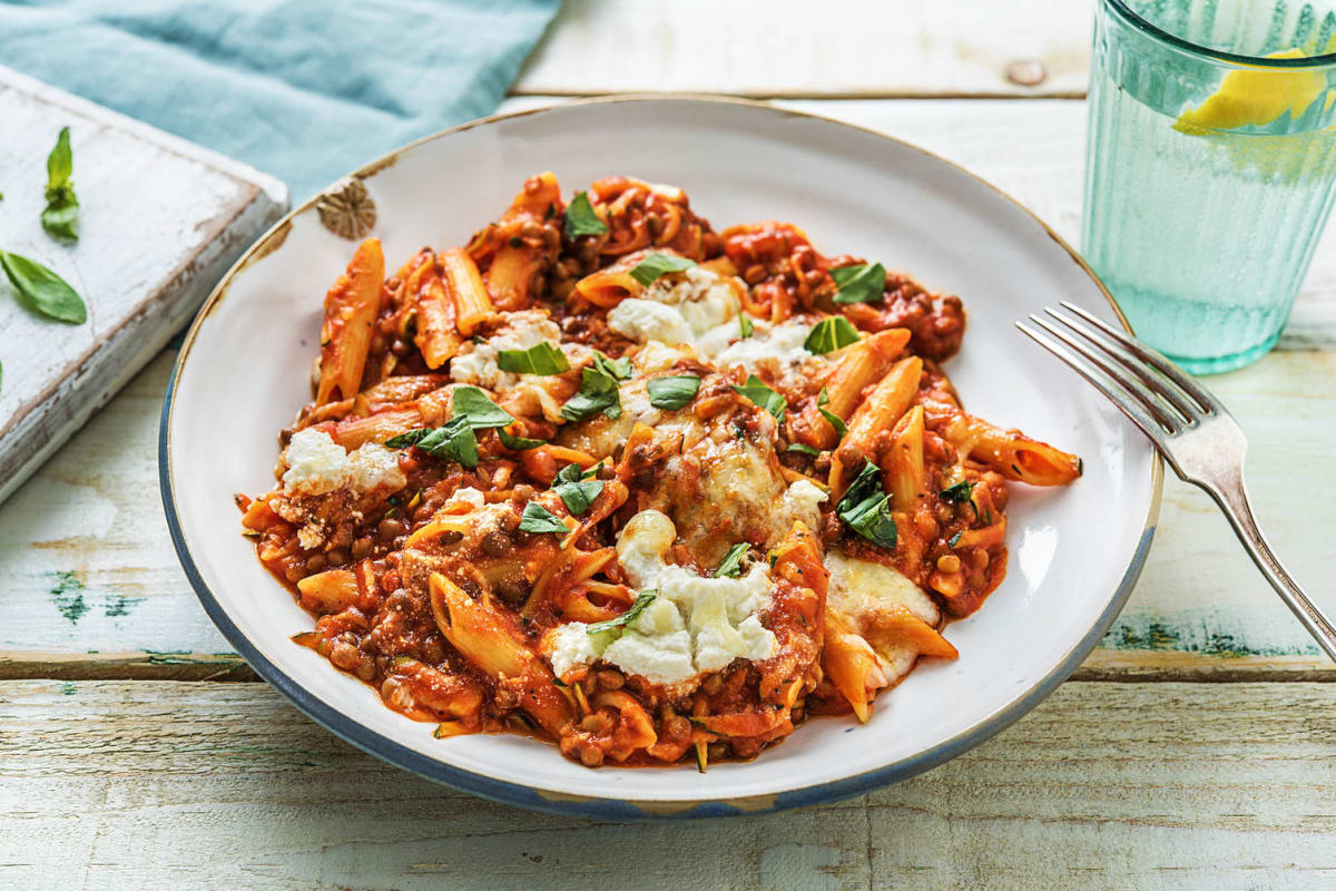 Quick Veggie Lentil Ziti-Style Pasta Bake