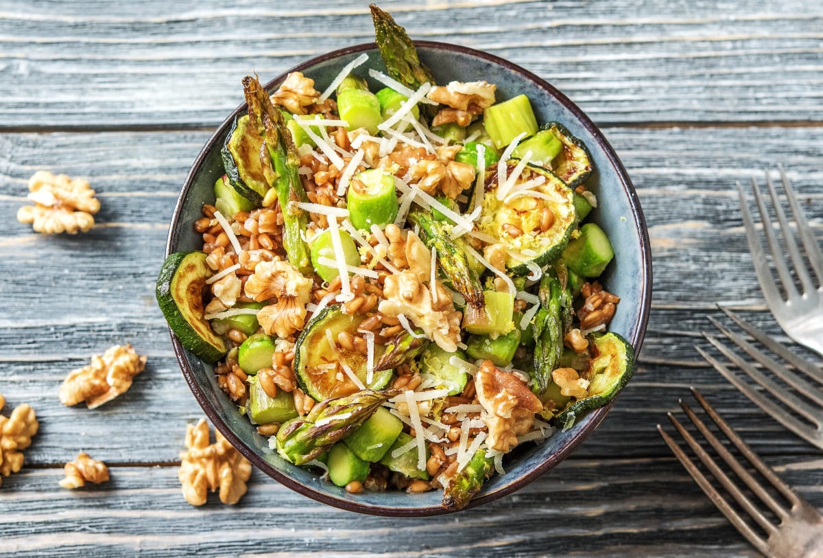 Zucchini and Asparagus Farro Bowl