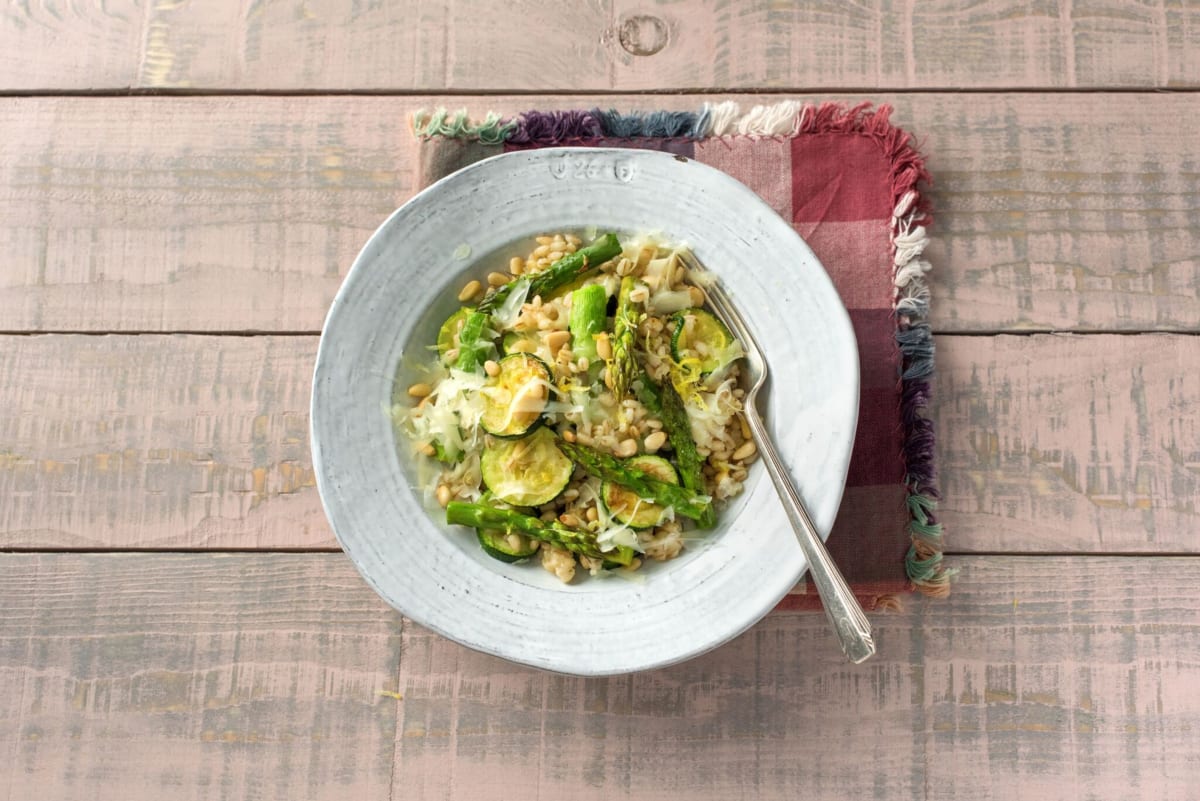 Zucchini and Asparagus Farro Bowl