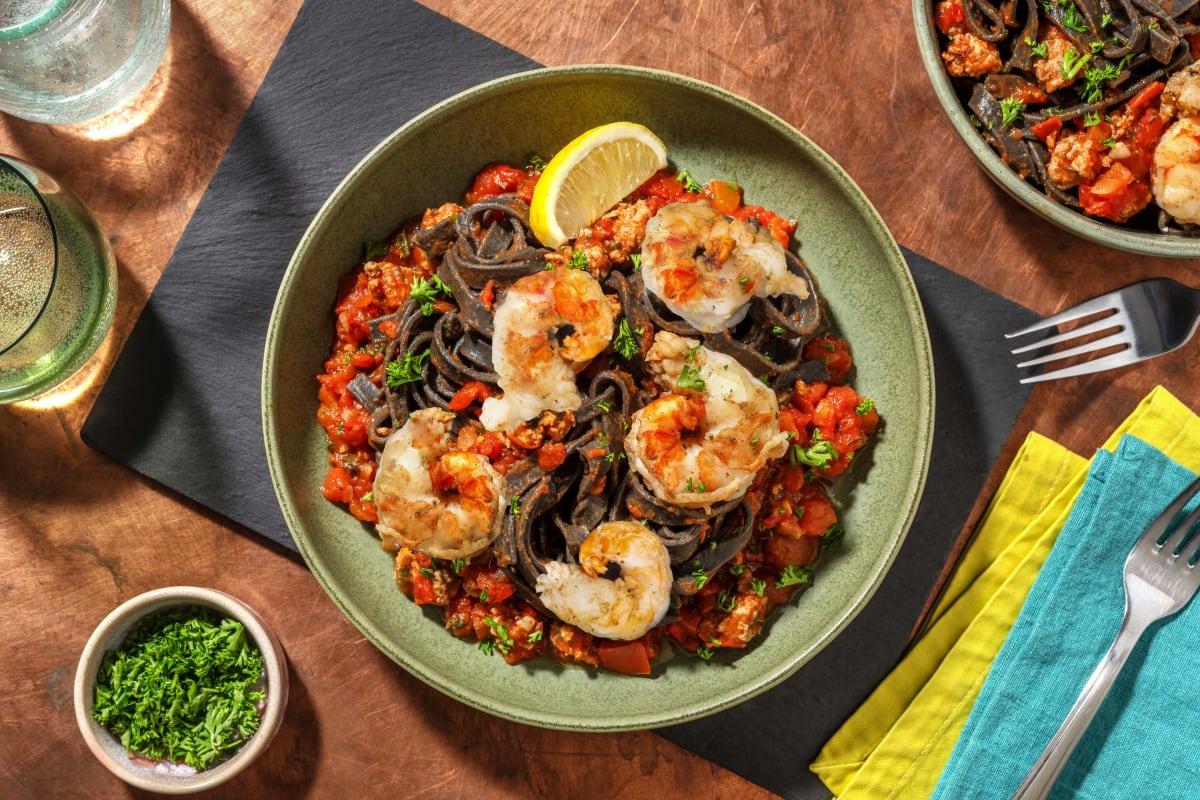 Tagliatelle noires aux grosses crevettes