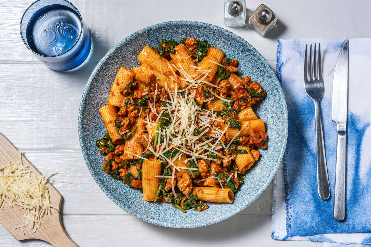 Pasta con salchichas de cerdo y espinacas con salsa de tomate y queso italiano