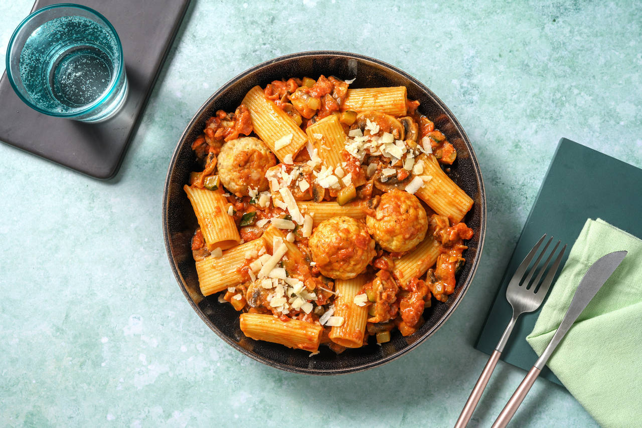 Pasta rigatoni con albóndigas caseras y salsa de tomate con champiñones