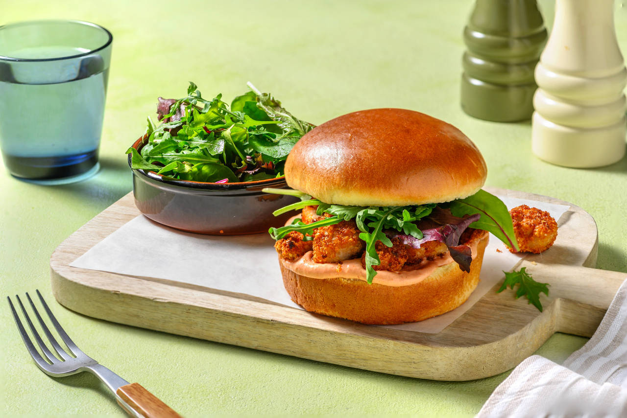 Hamburguesa de pollo rebozado en panko con mayonesa de chipotle y ensalada fresca