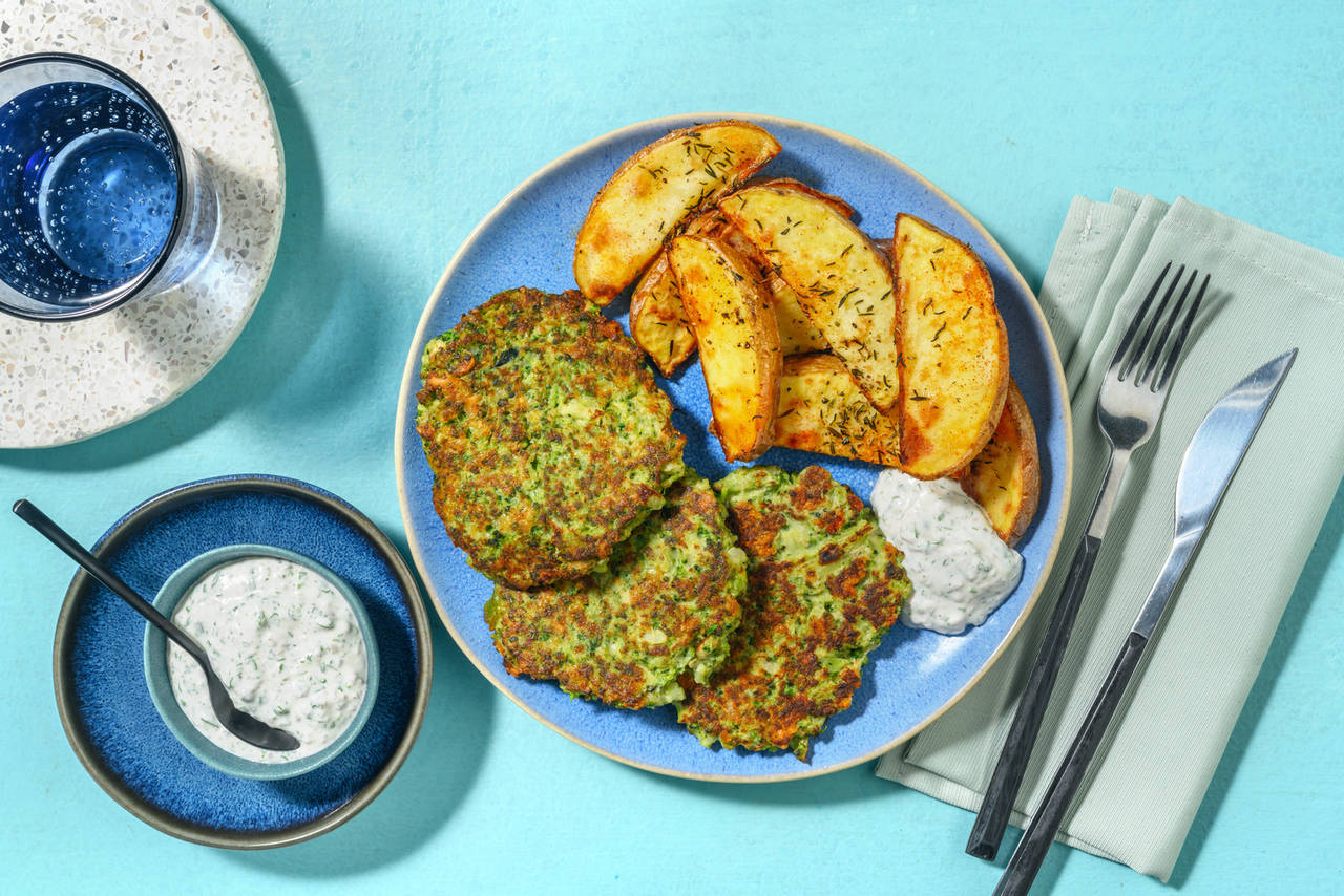 Pastelitos de brócoli con nueces y queso acompañado de patatas sazonadas y salsa de yogur y chalota