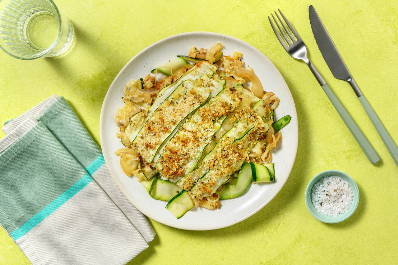 Lasaña de verduras con panko y queso gratinado con calabacín, setas y espinacas