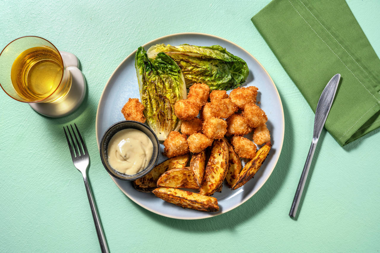 Nuggets de pollo caseros con patatas con cogollos a la plancha y salsa de miel y mostaza