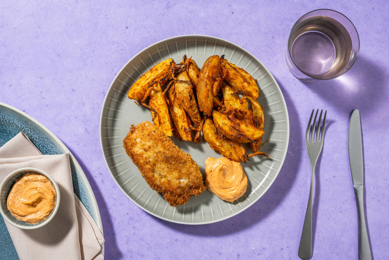 Libritos de lomo caseros con queso pecorino con patatas y cebolla al horno y mayonesa de pimentón