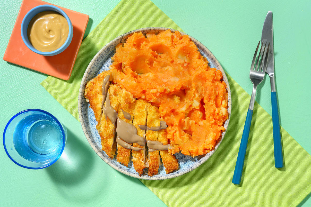 Pollo crujiente con mayonesa de hoisin acompañado de puré de patata y boniato
