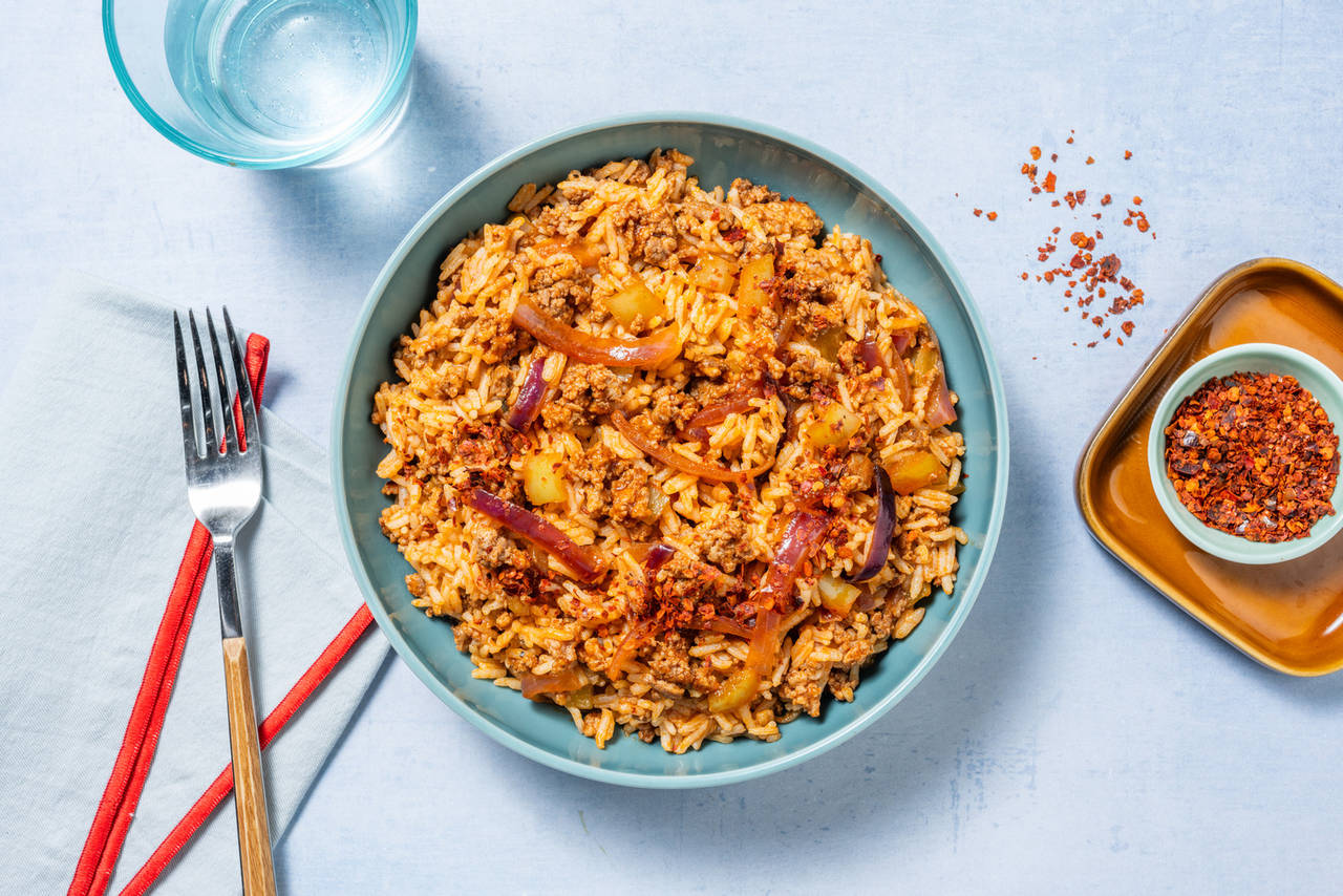Albóndigas deportivas inspiradas en Goofy con arroz y verduras salteadas