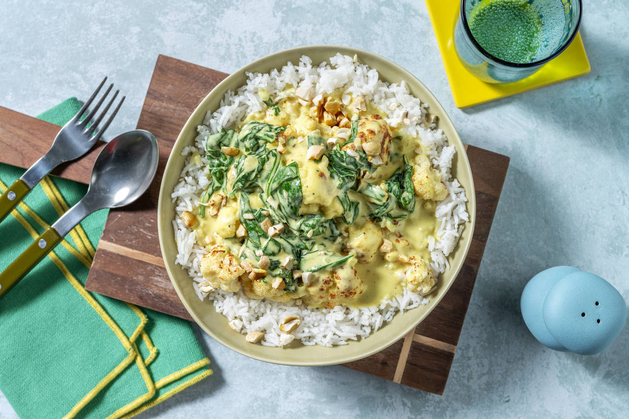 Coliflor asada con curry al lemongrass con anacardos y arroz basmati