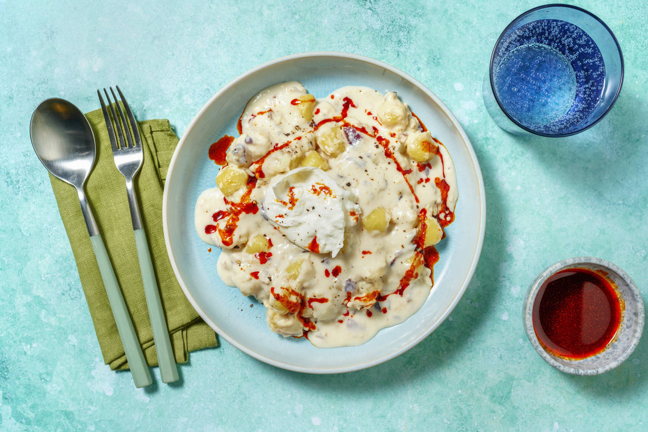 Gnocchis en salsa cremosa de burrata con aceite de pimentón