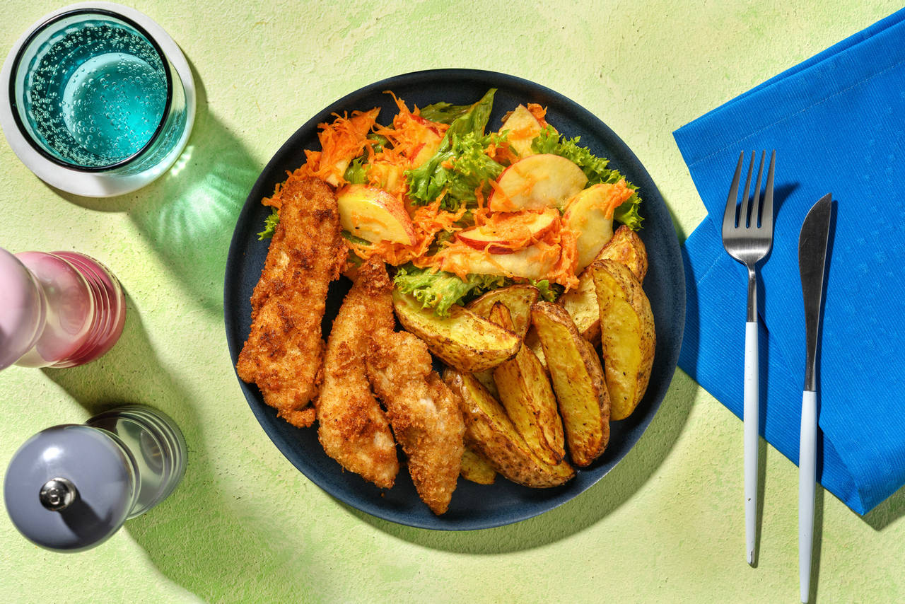 Pollo crujiente a la barbacoa con ensalada, patatas al horno y alioli