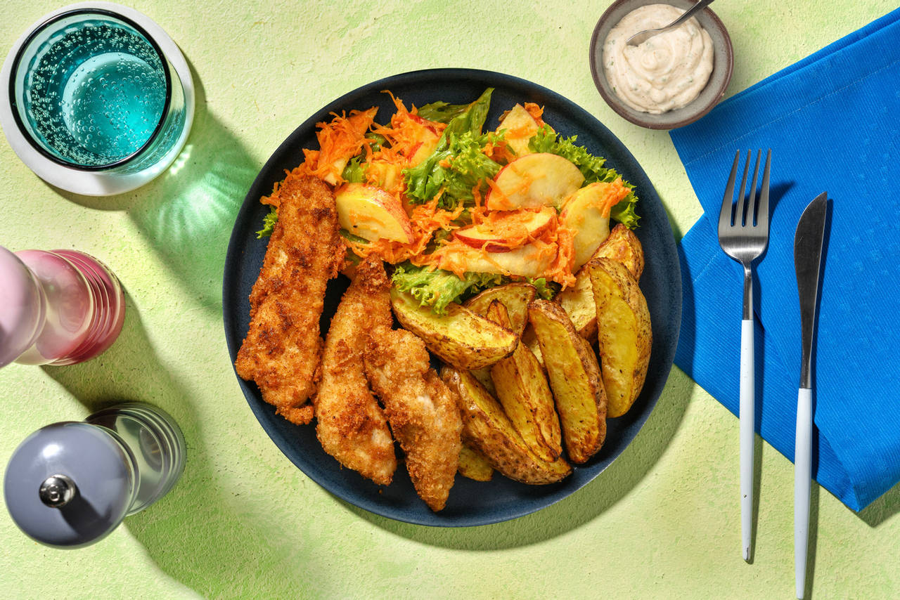 Fingers de pollo a la barbacoa con patatas al horno, ensalada de manzana y alioli