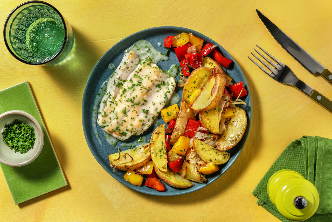 Merluza a la plancha en salsa verde acompañada de verduras y patata asada