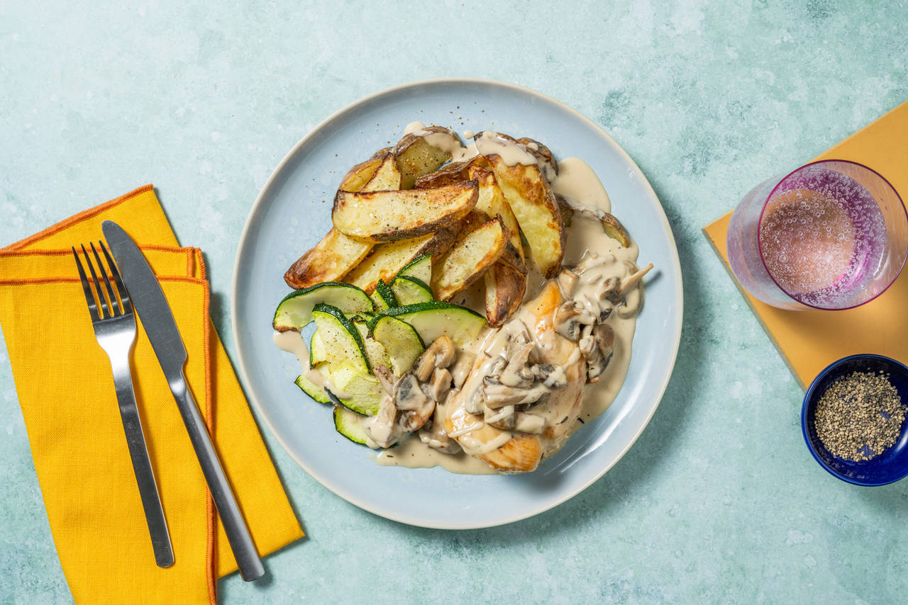 Pollo con salsa de mostaza y champiñones con patatas y calabacín asado al tomillo