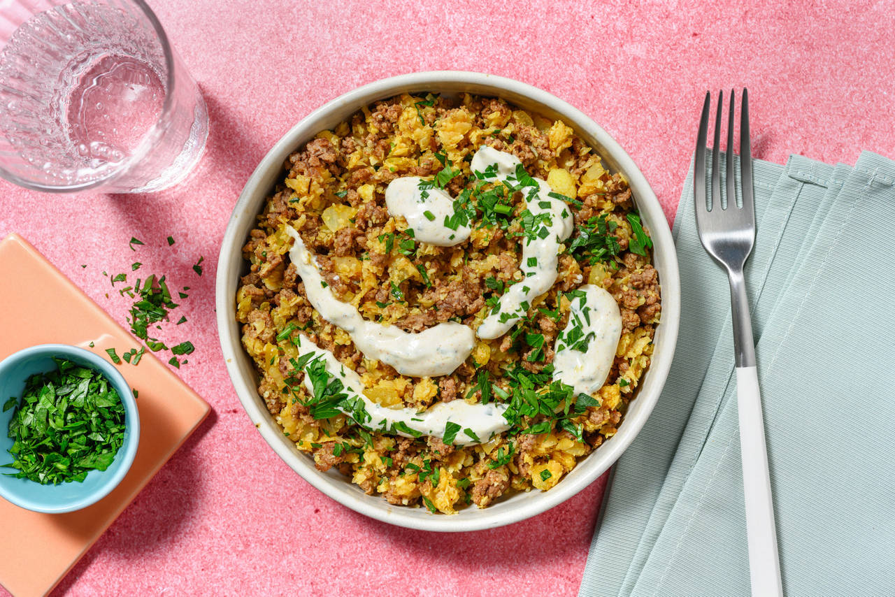 Cuscús de coliflor con carne picada con especias de Oriente Medio y salsa de yogur con perejil