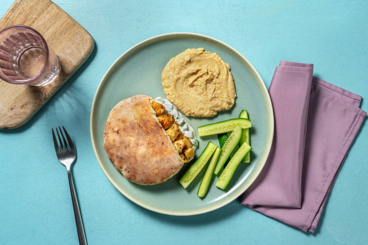 Shawarma de pollo con salsa de yogur acompañado de hummus casero y crudités de pepino