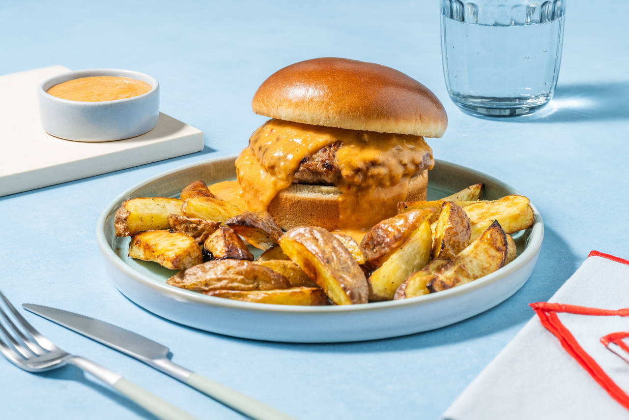 Hamburguesa de cerdo con salsa de chipotle acompañada de patatas al horno