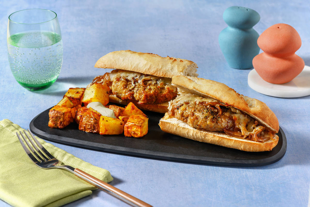 Bocadillo al estilo "esmorzaret" valenciano de hamburguesa con queso y cebolla acompañado de patatas bravas