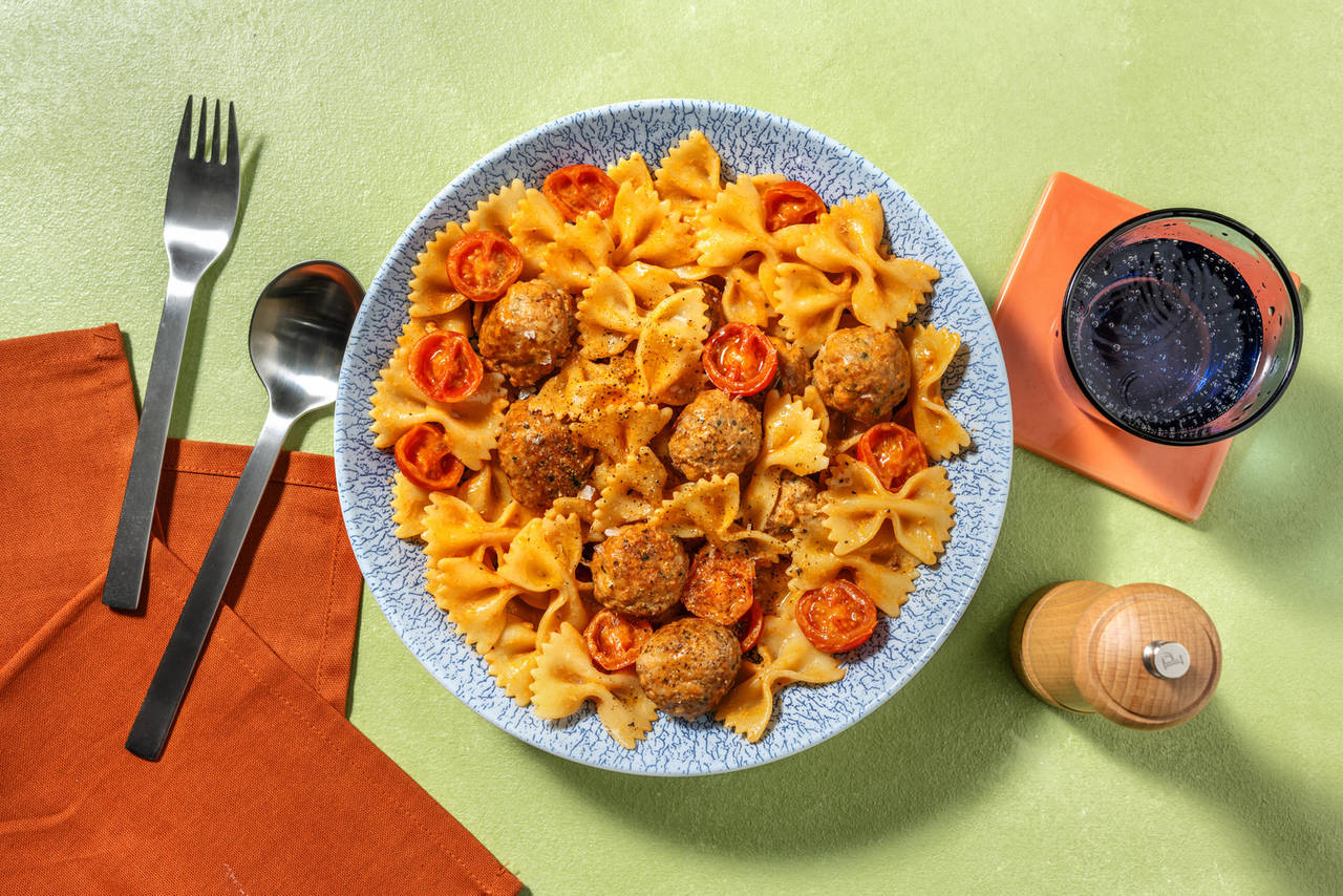 Farfalle con albóndigas caseras de cerdo en salsa de queso griego y tomates cherry