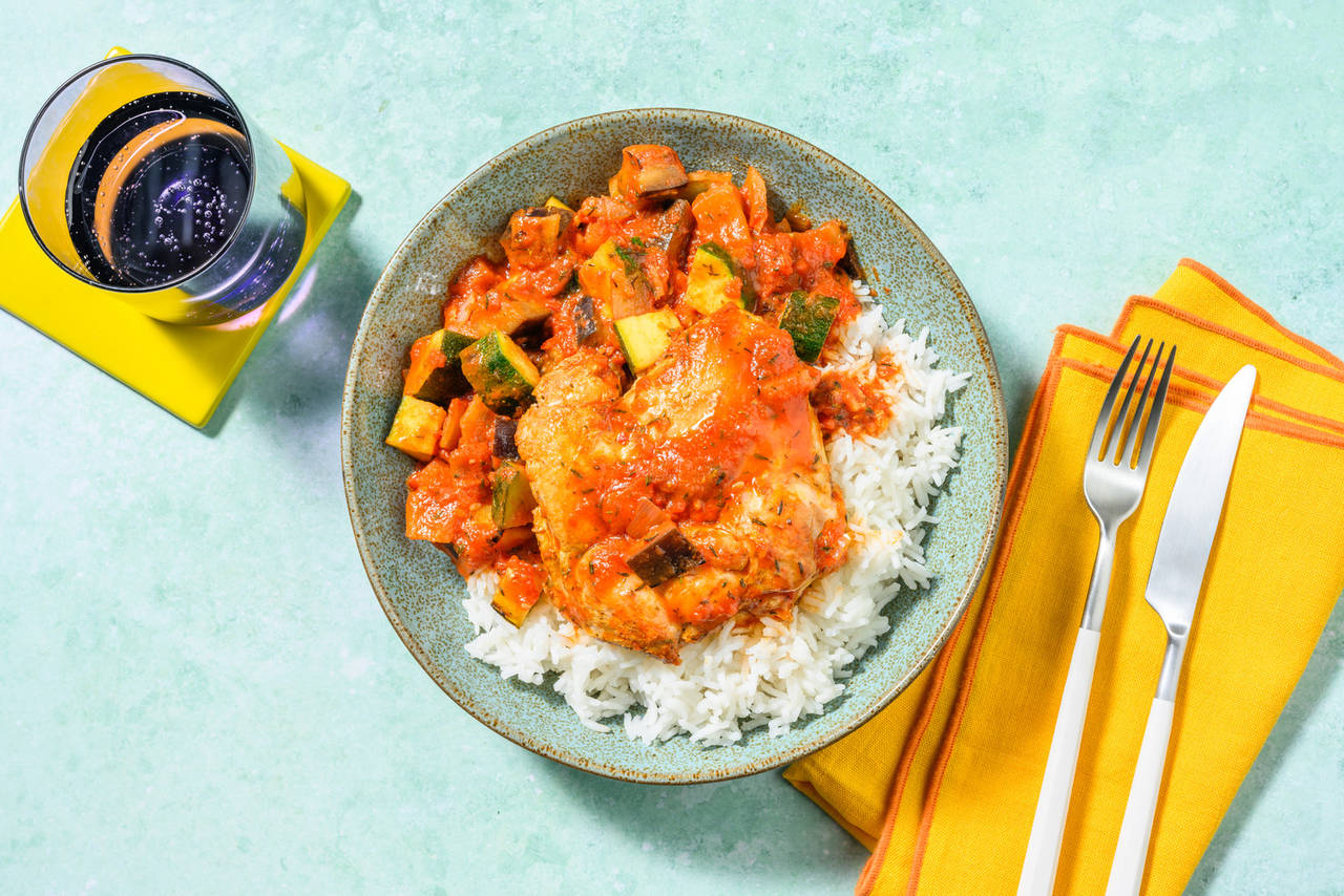 Muslo de pollo con samfaina catalana de verduras acompañado de arroz