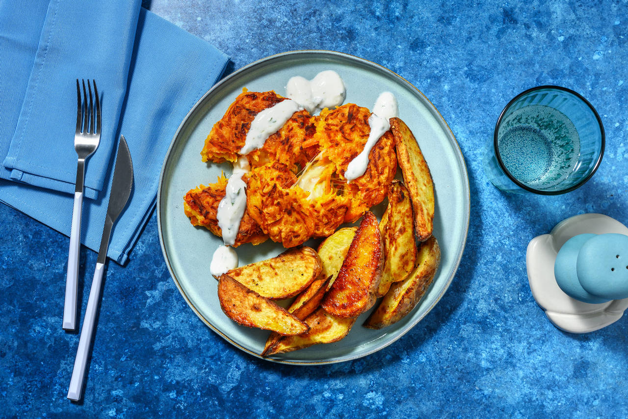 Hamburguesas caseras de zanahoria y queso con salsa de menta y patatas al horno
