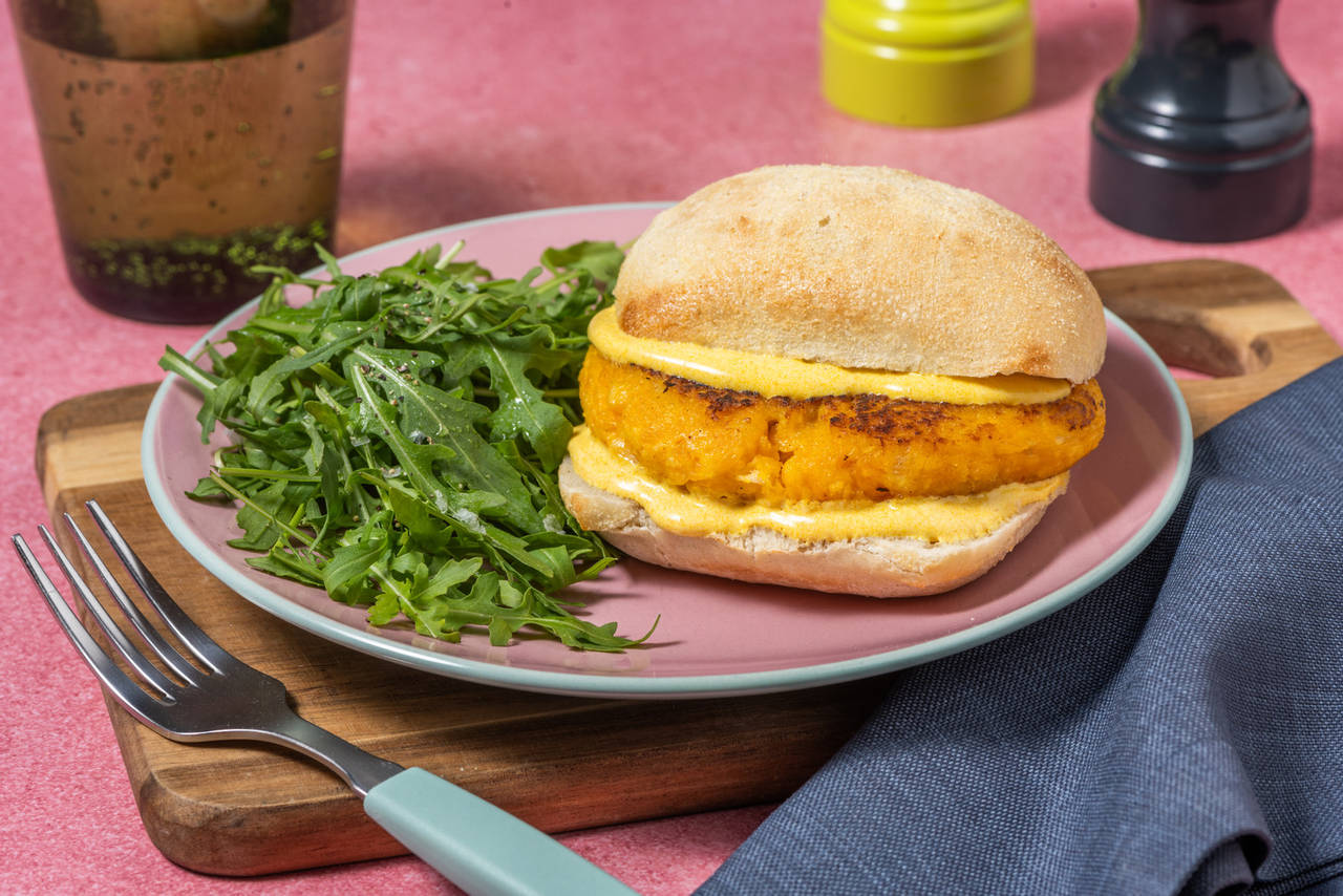 Hamburguesa casera de calabaza especiada con salsa de yogur y cúrcuma y ensalada de rúcula