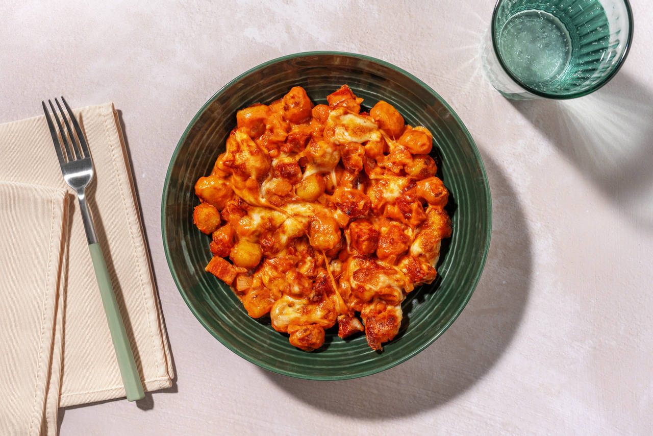 Gnocchis gratinados con chorizo con queso fundido