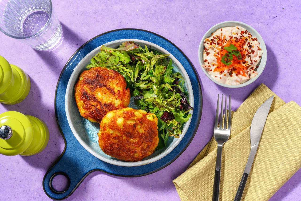 Aloo tikki de patata y zanahoria estilo indio con raita de zanahoria y ensalada con cebolla frita