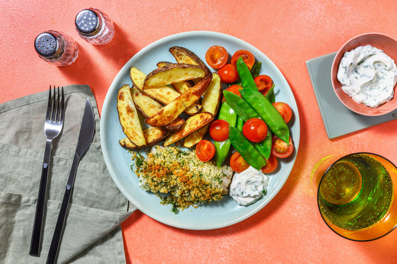 Merluza al horno con costra de panko y perejil con salteado de cherrys y tirabeques y patatas asadas