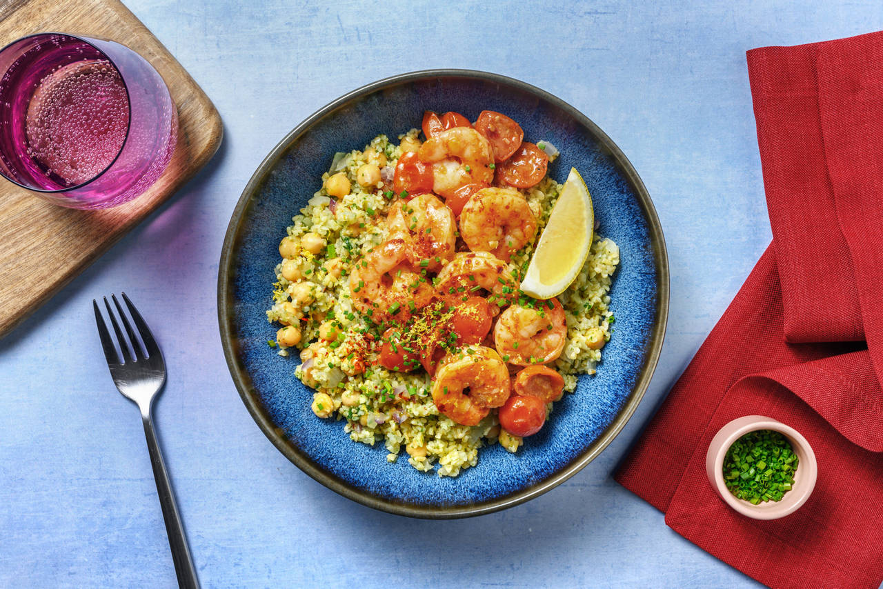 Langostinos con verduras salteadas sobre bulgur y garbanzos con pesto verde
