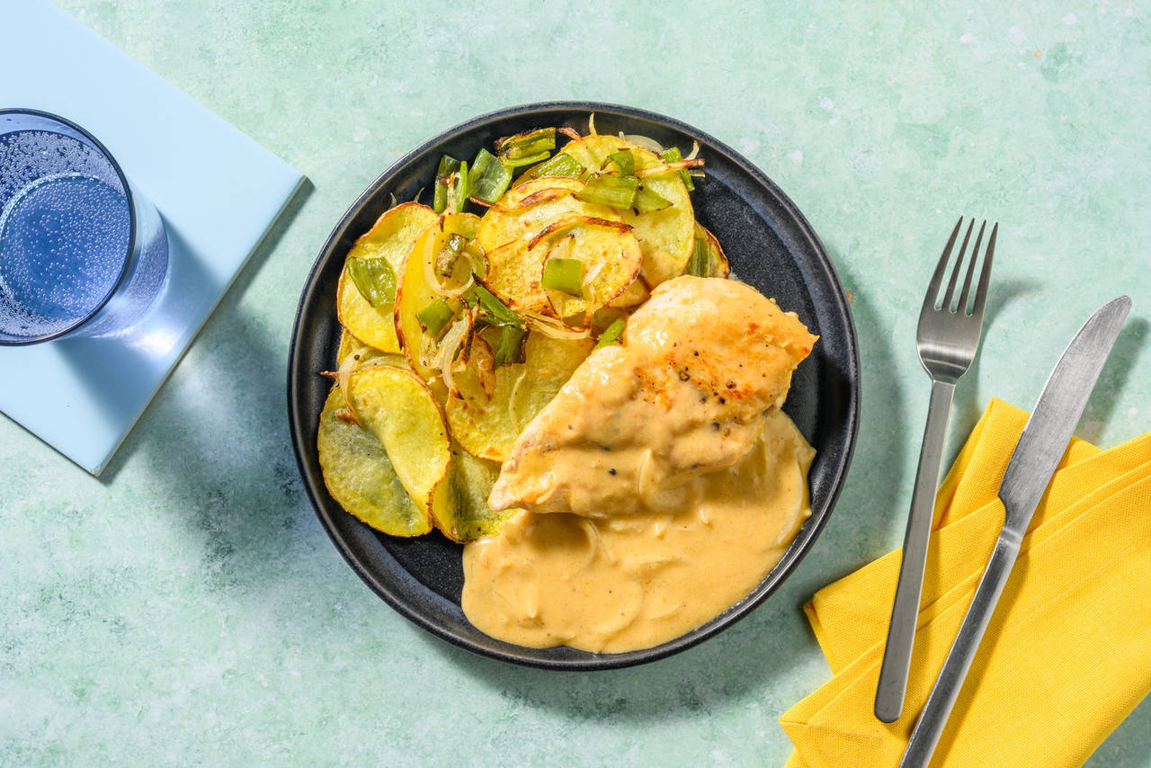 Pollo en salsa korma con patatas panadera, pimiento y cebolla asada