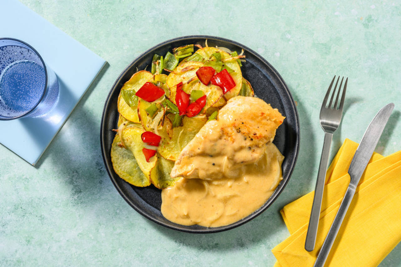 Murgh Korma: pollo con salsa cremosa de curry con patatas panadera, pimientos y cebolla asada