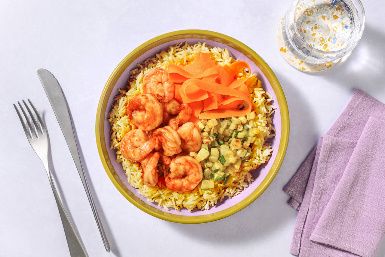 Poke de langostinos al estilo de Hawai con salsa teriyaki y verduras salteadas