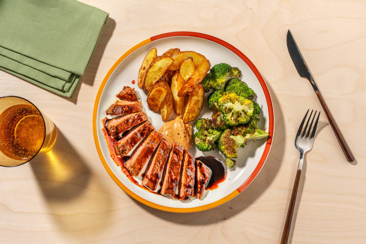 Ternera con glaseado coreano con patatas y brócoli asado y mayonesa de sriracha