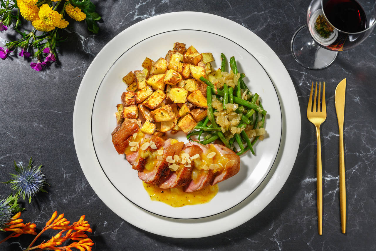 Canard à l'orange: nuestro pato a la naranja de Valencia con patatas al romero y judías verdes