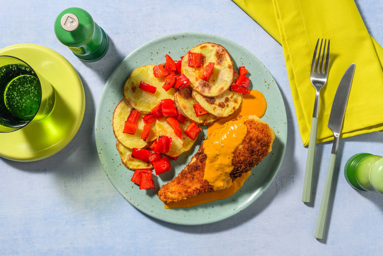Torikatsu: pollo crujiente con curry japonés acompañado con patatas y pimiento al horno