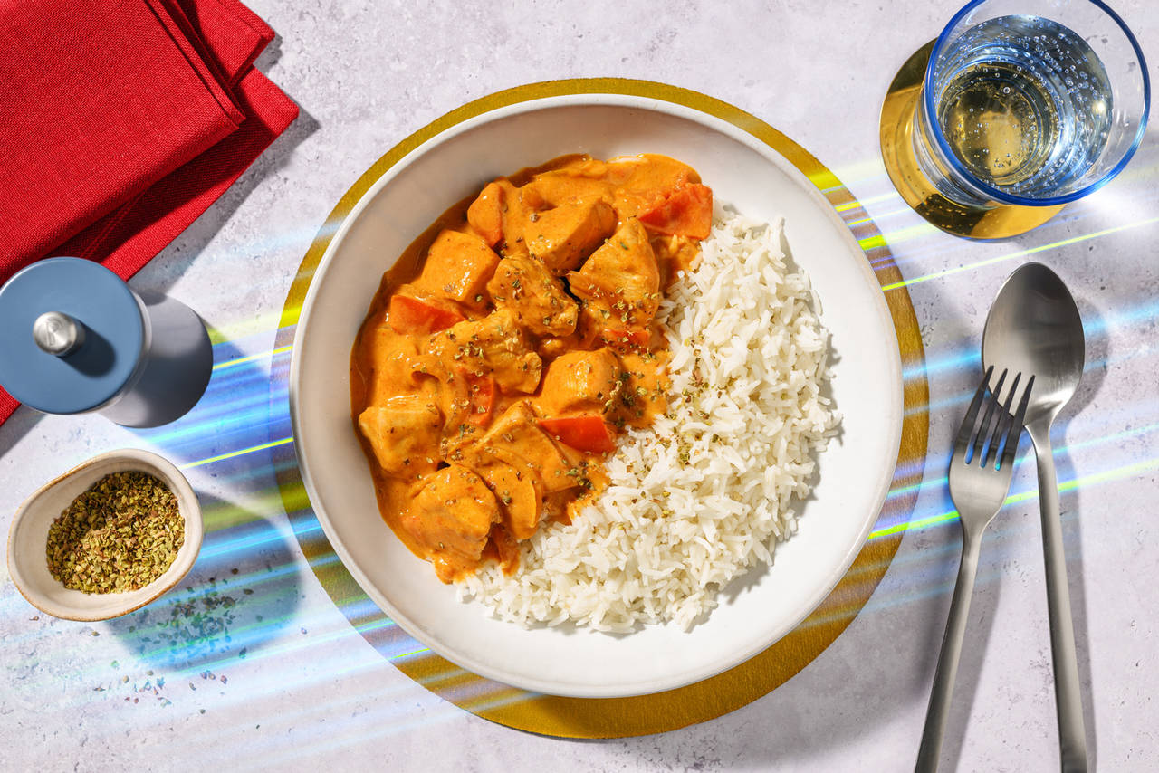 Dados de pollo con salsa relámpago de pimentón con verduras acompañados de arroz