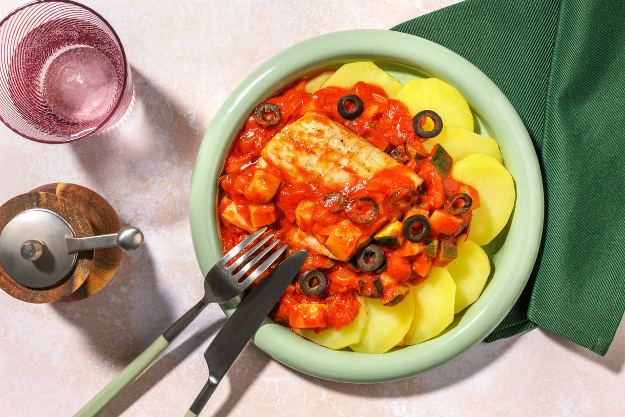 Merluza en salsa de tomate con olivas negras sobre patatas