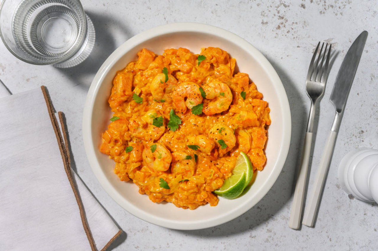 Dal de lentejas con extra de langostinos con boniato asado y cilantro