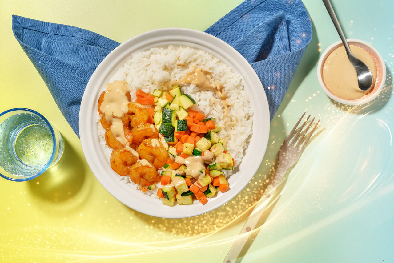 Poke tropical de langostinos, inspirado en Stitch con arroz, verduras y mayonesa de teriyaki
