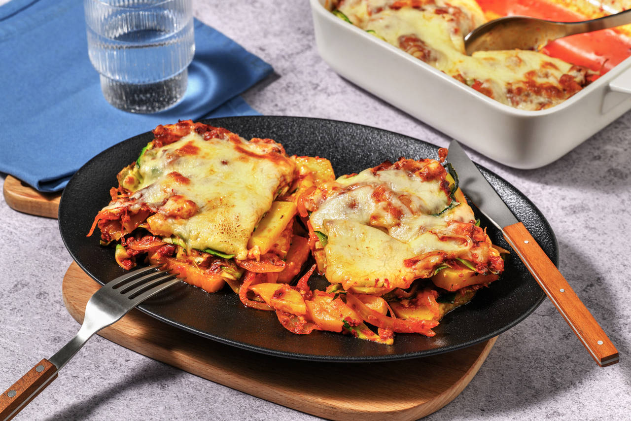 Pastel de patata y sobrasada con calabacín y queso gratinado